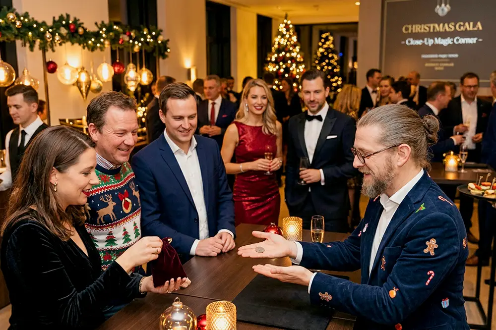 Walking Act Zauberei beim Empfang einer Firmenweihnachtsfeier